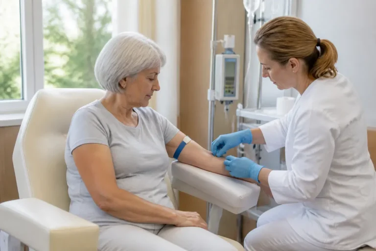 Infirmière préparant une perfusion pour une patiente, lien entre Actonel et prise de poids.
