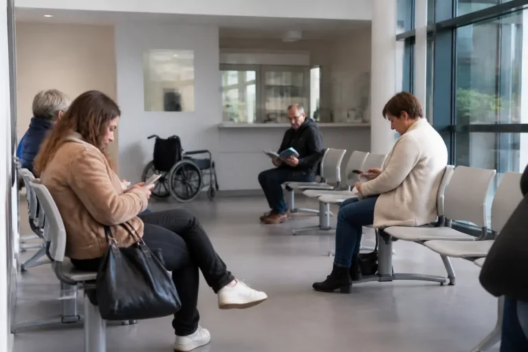 Salle d'attente pour prise de sang à Agen avec patients assis dans un hôpital