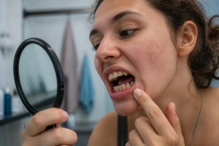 Femme examinant l'alignement des dents avec une loupe dans une salle de bain
