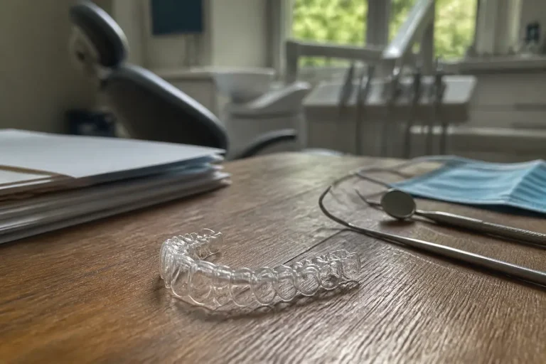 Aligneur dentaire invisible sur table de cabinet avec outils dentaires et masque médical