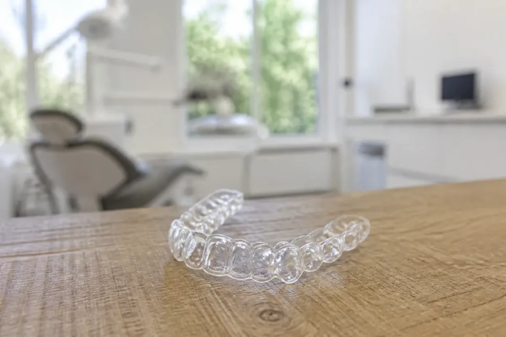 Aligneur dentaire transparent sur table de consultation dentaire avec prix abordable en perspective