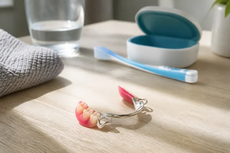 Appareil dentaire amovible pour adultes sur table avec verre, brosse et étui.