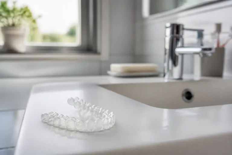 Appareil dentaire invisible posé sur un lavabo de salle de bain moderne