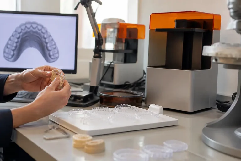 Personne examinant un modèle 3D de dents, appareil dentaire invisible étant fabriqué.