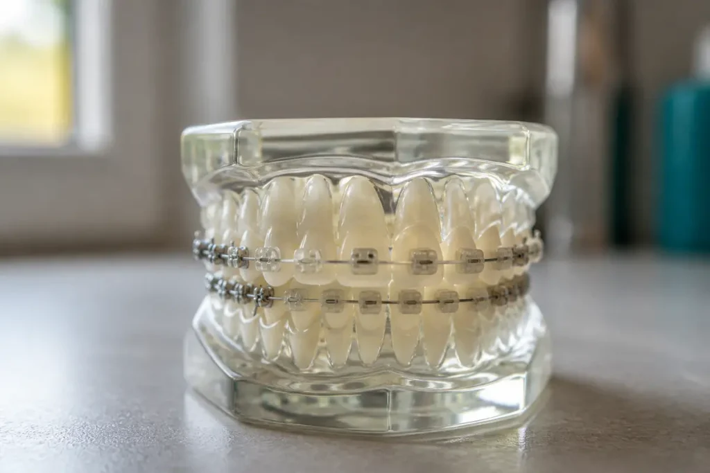 Modèle de dents avec appareil dentaire pour adulte sur une surface grise