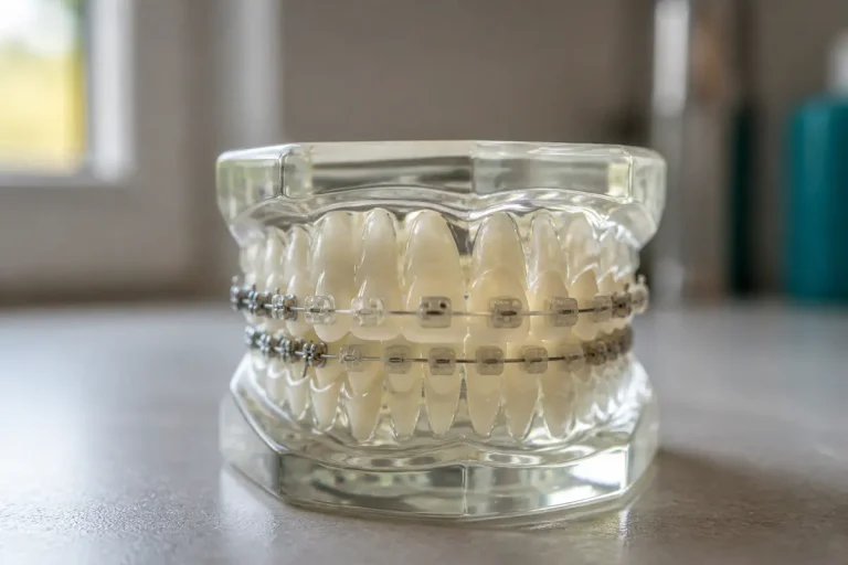 Modèle de dents avec appareil dentaire pour adulte sur une surface grise