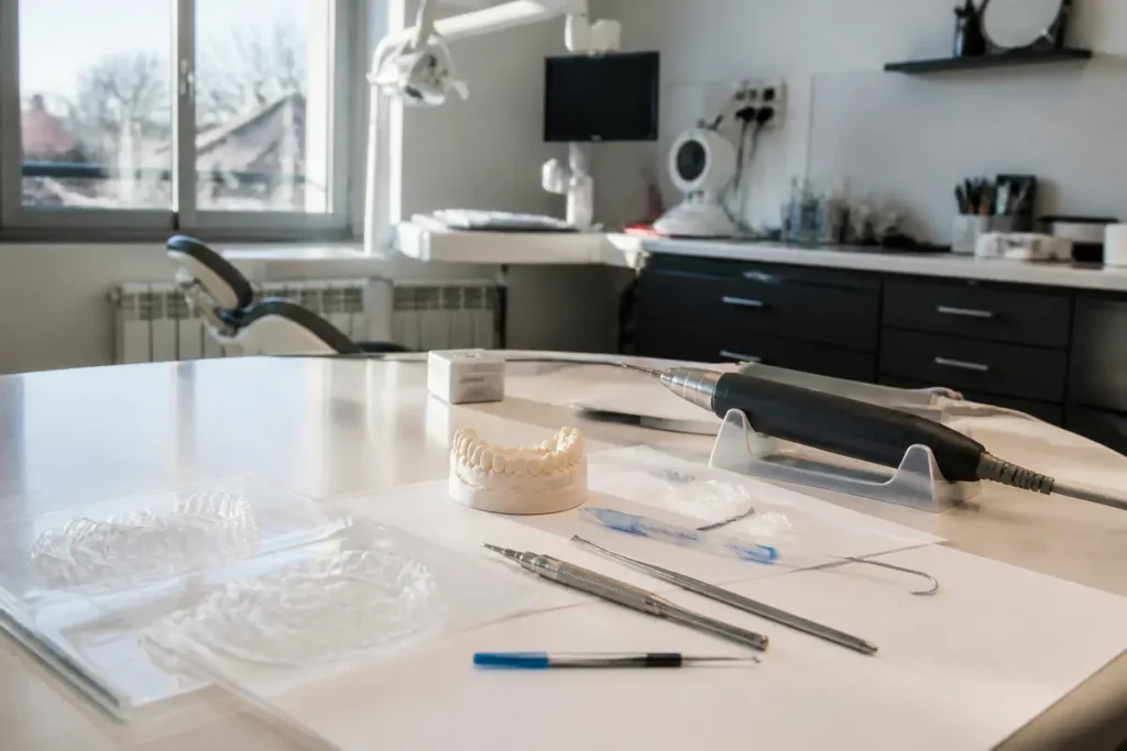 Matériel dentaire en clinique avec appareil dentaire transparent, information sur les prix
