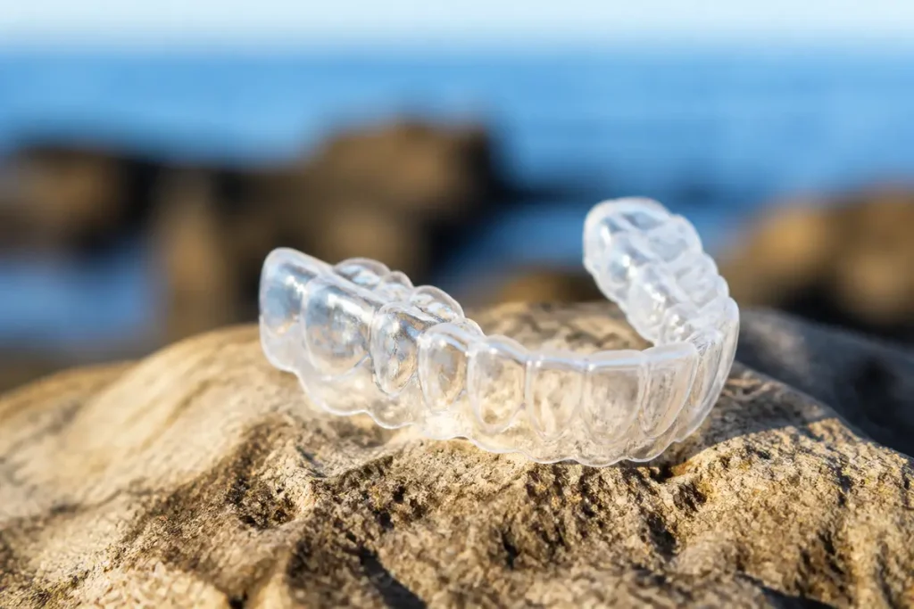 Appareil gouttière dentaire transparent posé sur une roche en bord de mer