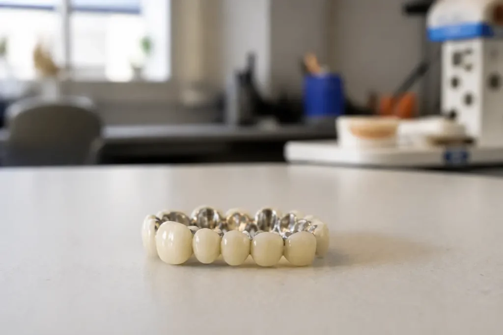 Couronne dentaire en céramique ou métal sur table en laboratoire dentaire lumineux