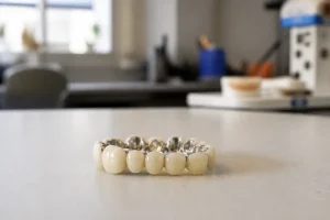 Couronne dentaire en céramique ou métal sur table en laboratoire dentaire lumineux