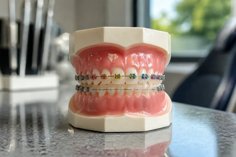 Modèle dentaire avec bague dentaire couleur sur deux rangées de dents réalistes