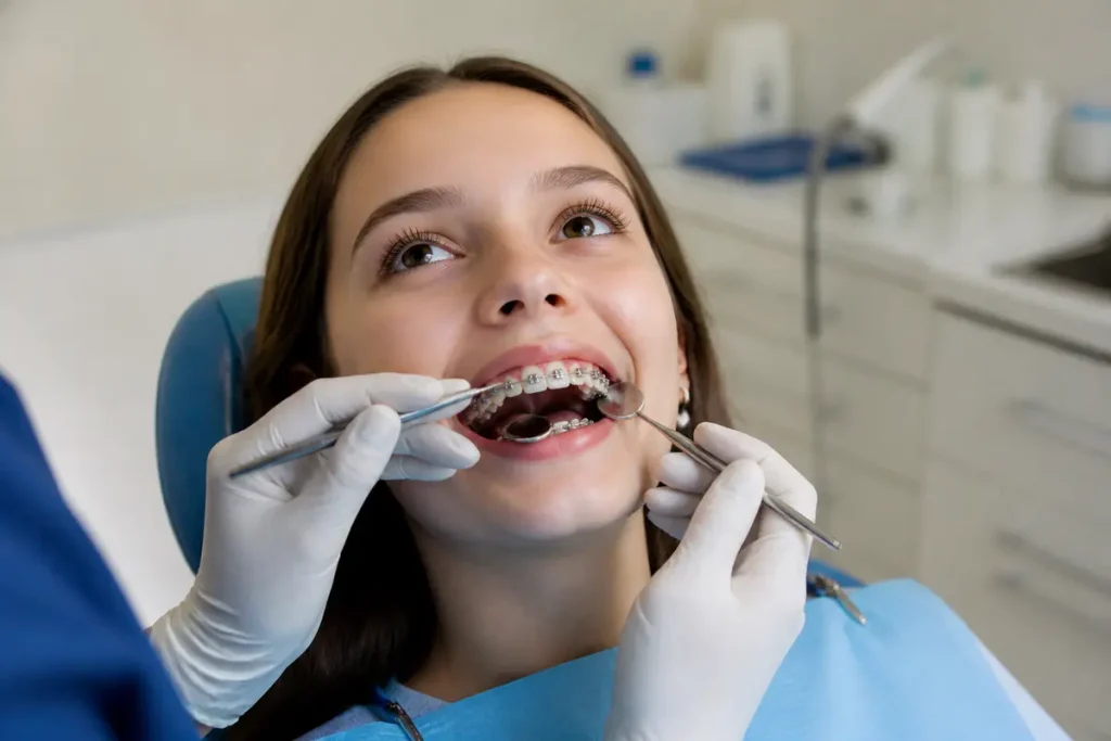 Jeune fille au cabinet dentaire avec bague pour les dents examinée par un orthodontiste