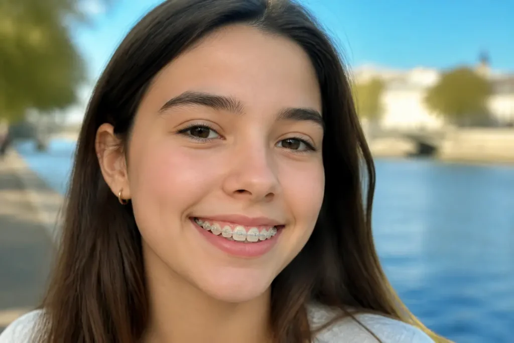 Jeune femme souriante avec bagues transparentes pour dents au bord d'une rivière