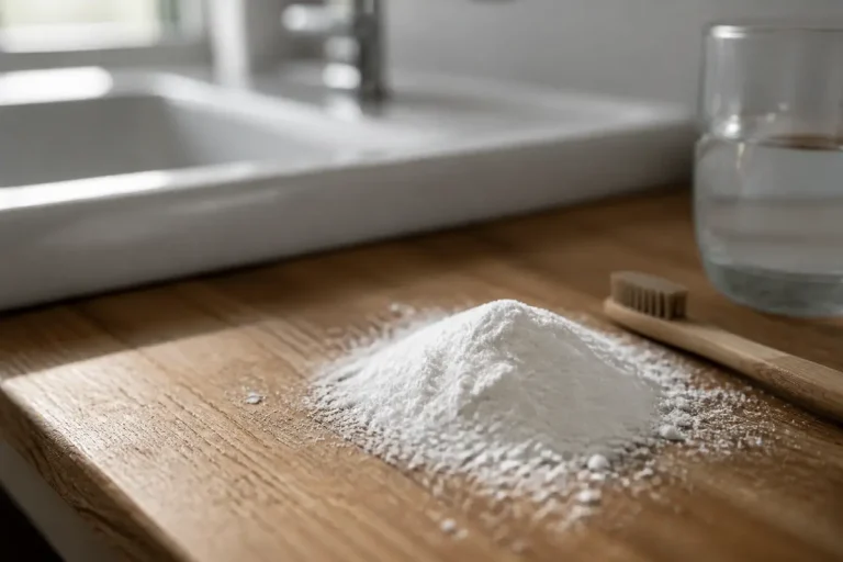 Bicarbonate pour les dents avec brosse à dents et verre d'eau posés sur un lavabo