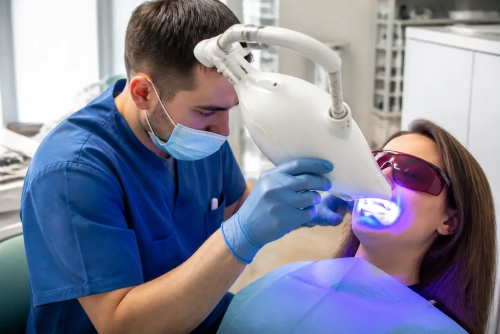 Dentiste procédant à un blanchiment dentaire professionnel avec lumière bleue pour une patiente.