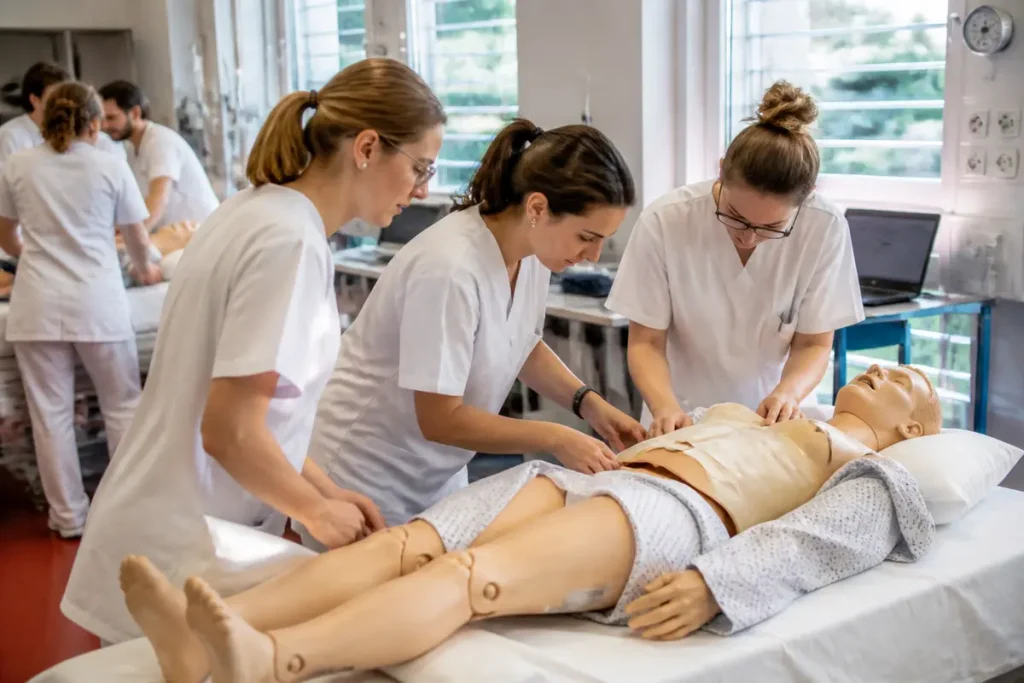 Des étudiants en médecine travaillent sur un mannequin à la faculté de médecine de Brest