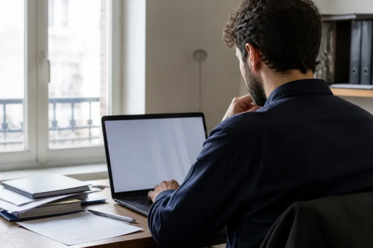 Homme travaillant sur ordinateur portable réfléchissant à la durée d'arrêt de travail calcul rénal