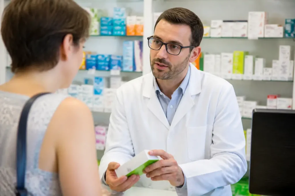 Pharmacien conseillant une cliente sur le coeff 600 pour médicament en pharmacie.