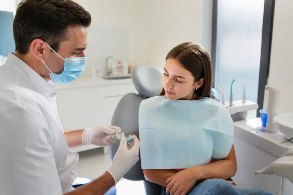 Orthodontiste montrant une gouttière de contention en orthodontie à une patiente sur chaise dentaire