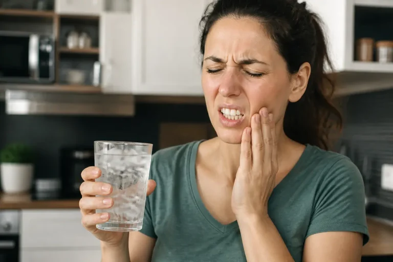 Femme souffrant d'une dent sensible au froid en tenant un verre d'eau glacée