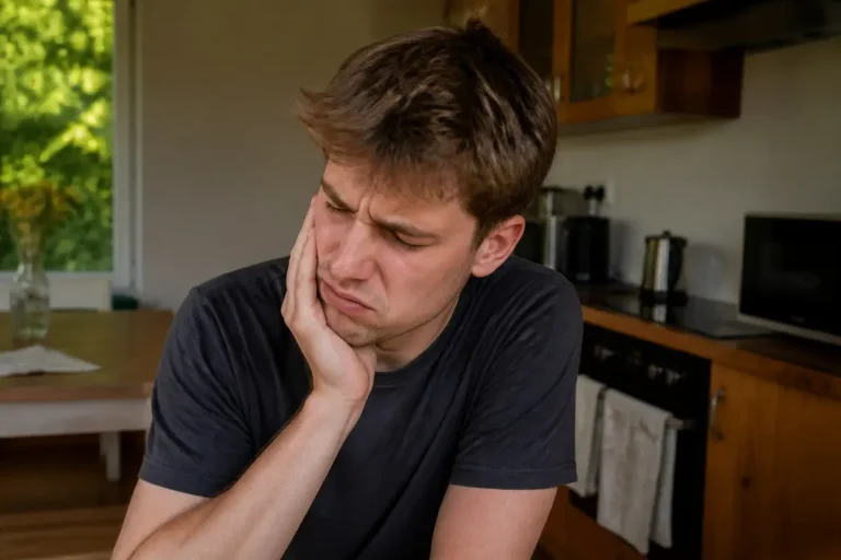 Homme souffrant de douleur à cause d'une dent de sagesse dans la cuisine