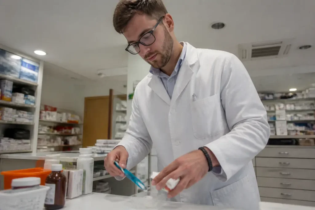 Pharmacien préparant des médicaments, dr en pharmacie, en blouse blanche dans une pharmacie moderne