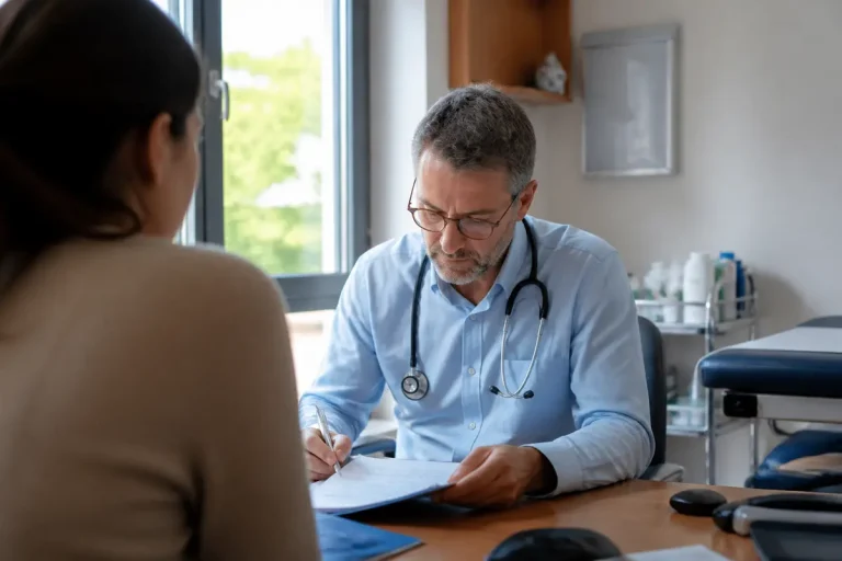 Médecin généraliste consultant une patiente dans son cabinet de médecine générale.