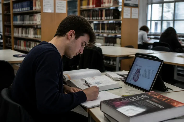 Étudiant en bibliothèque étudiant la durée des études de médecine avec livres et ordinateur ouverts