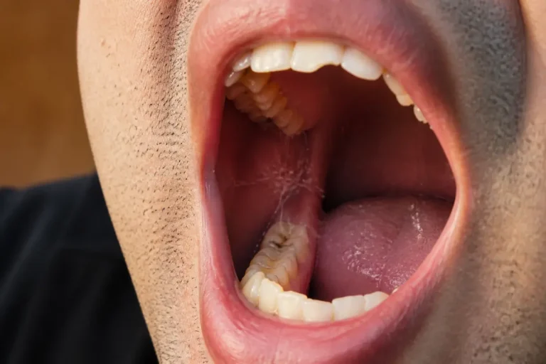 Bouche grande ouverte montrant des filaments blancs dans la bouche et les dents apparentes