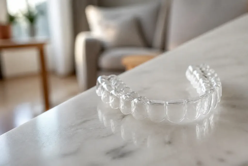 Gouttière dentaire pour alignement posée sur une table en marbre blanc