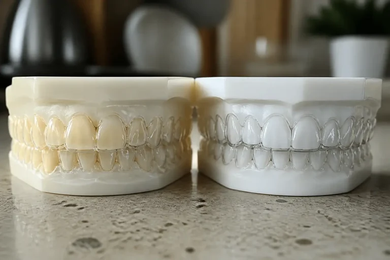Comparaison avant-après de deux gouttières dentaires sur modèles de mâchoire.
