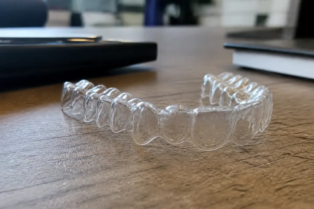 Aligner transparent sur table en bois pour redresser les dents efficacement et discrètement