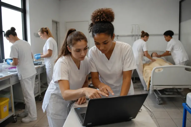 Des étudiants infirmiers à l'institut de formation Saint-Denis à l'hôpital Delafontaine.