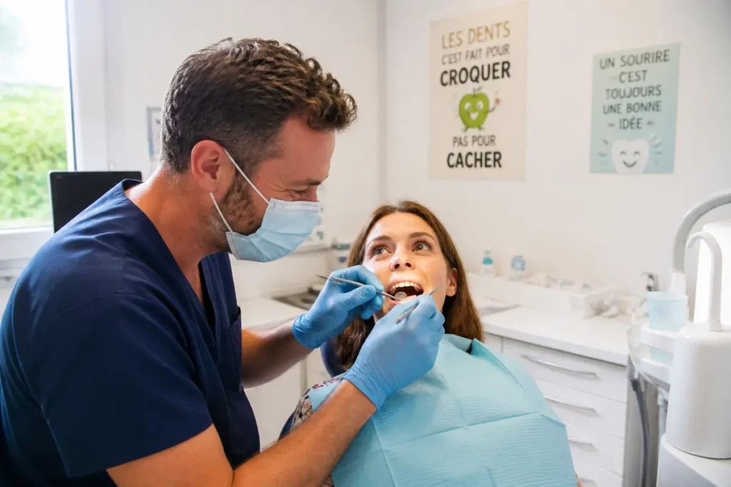 Dentiste et patiente souriante avec affiches sur l'humour des dents au mur du cabinet