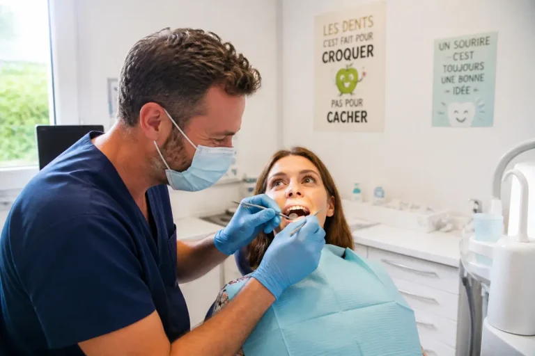 Dentiste et patiente souriante avec affiches sur l'humour des dents au mur du cabinet
