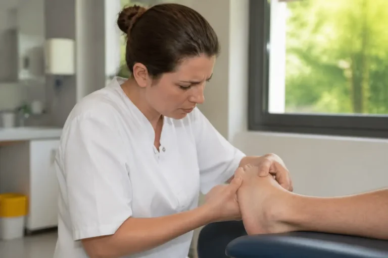 Podologue examinant le pied d'un patient souffrant d'hypogammaglobulinémie et de douleurs articulaires