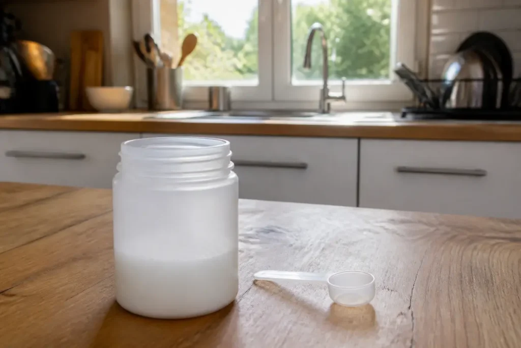 Pot de poudre avec cuillère en cuisine, illustrant les avis sur le macrogol