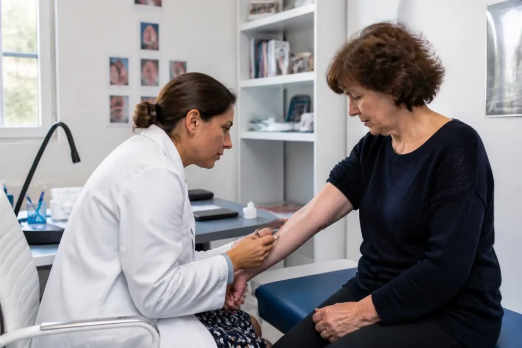 Consultation médicale pour analyser un bras lié à la maladie de morphée et cancer