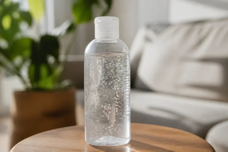 Flacon de gel transparent sur table avec avis sur Mucogyne en arrière-plan flou