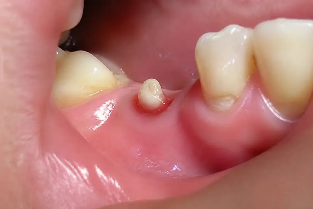 Gencive avec un os qui ressort après extraction dentaire, entourée de dents saines
