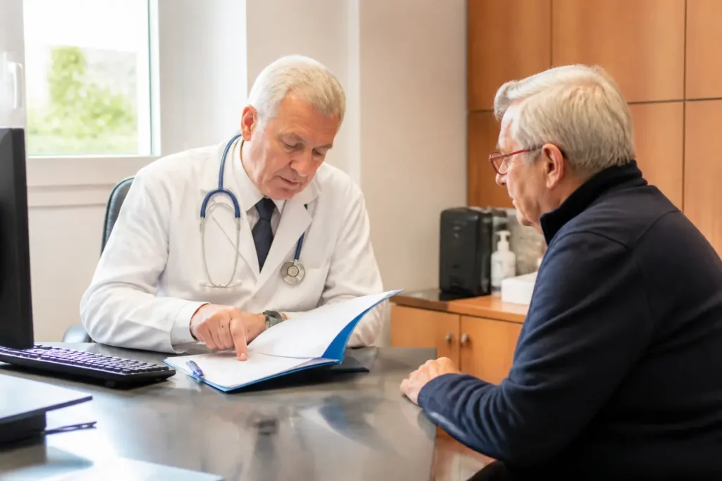 Médecin discutant des critères d'âge limite pour le pacemaker avec un patient senior