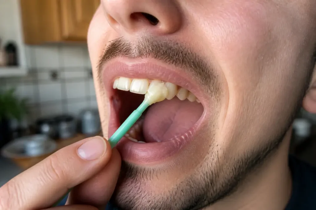 Homme appliquant un pansement dentaire maison sur une dent avec outil plastic vert