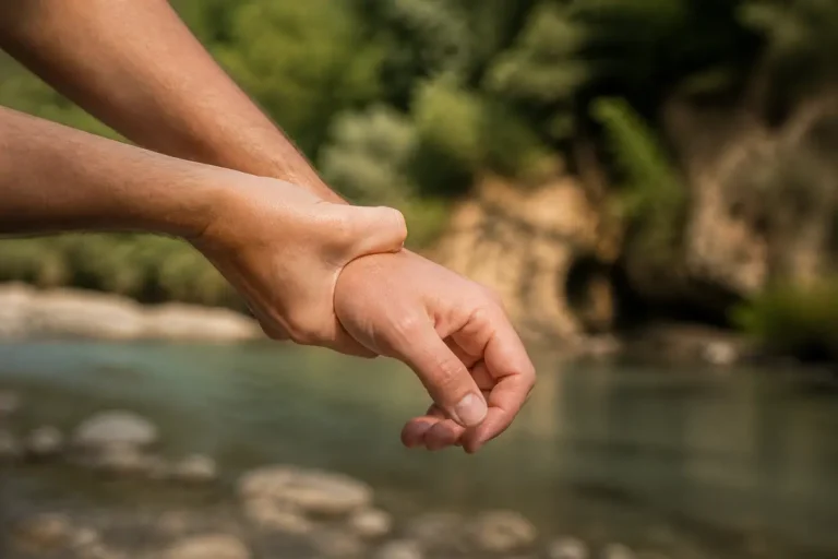 Personne tenant son poignet, sensation de poignet qui craque près d'une rivière verdoyante