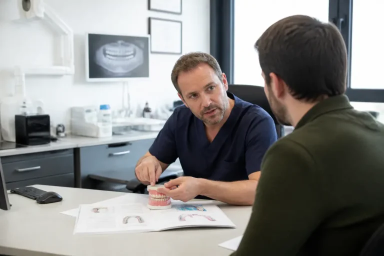 Dentiste expliquant le coût des bagues dentaires pour adultes à un patient dans son cabinet