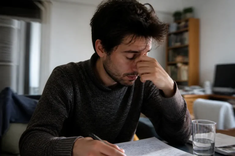 Homme fatigué réfléchissant, illustrant les effets indésirables de la quetiapine sur la concentration