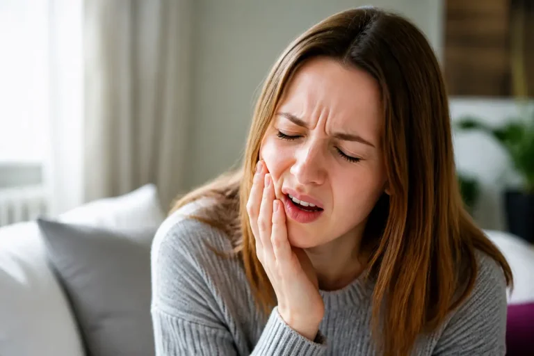 Femme avec douleur faciale exprimant une rage de dent dans son salon lumineux