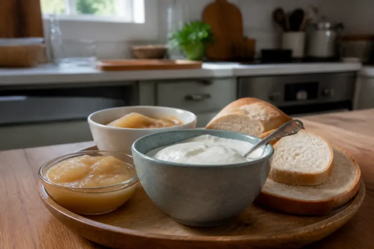Yogourt, compote et pain sur plateau, idéals pour récupération après traitement Pylera