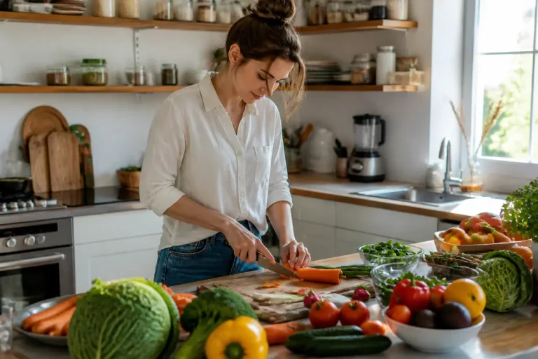 Femme préparant des légumes frais pour traitement de la résistance à l'insuline en cuisine