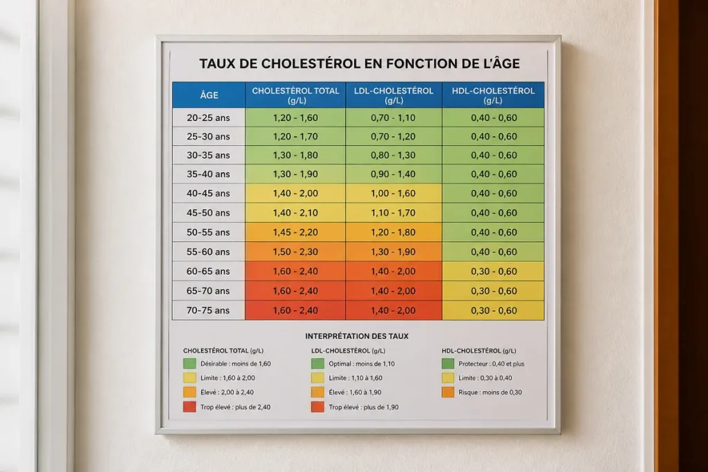 Tableau des taux de cholestérol selon l'âge, avec interprétation des valeurs colorées.