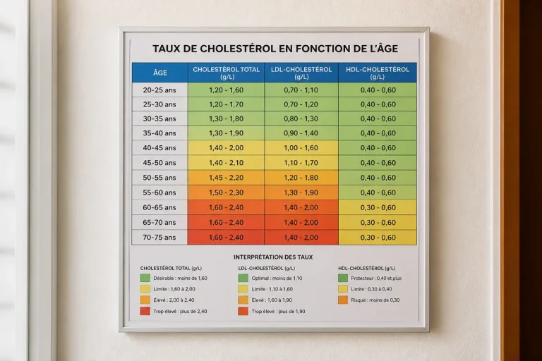 Tableau des taux de cholestérol selon l'âge, avec interprétation des valeurs colorées.